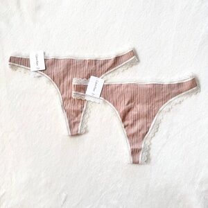 Calvin Klein Flirty Rib Thong Set in Tan & Ivory
